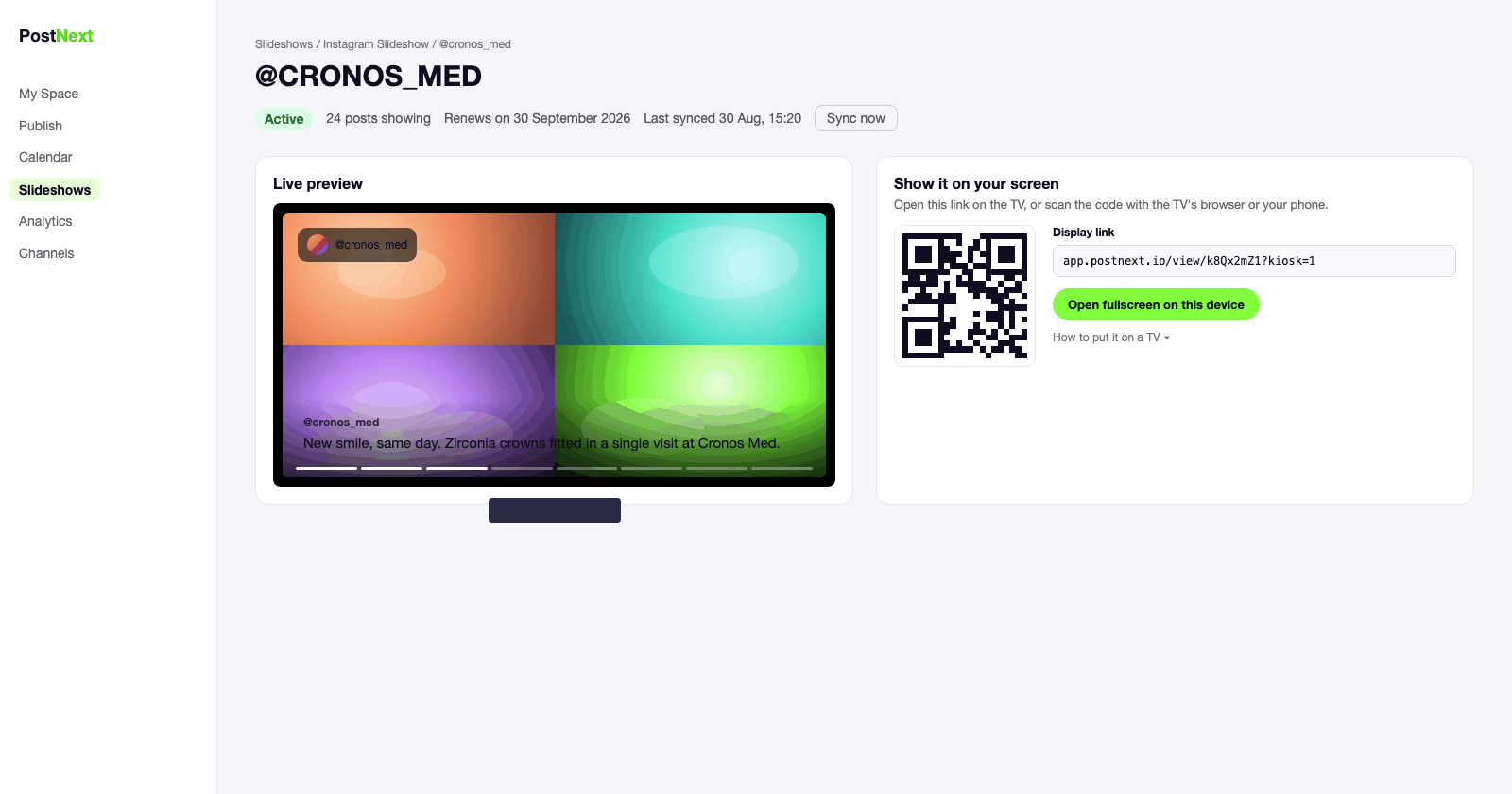 The PostNext slideshow page with the live preview, display link and QR code